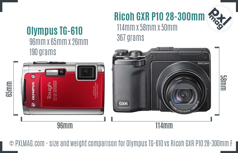 Olympus TG-610 vs Ricoh GXR P10 28-300mm F3.5-5.6 VC size comparison Olympus TG-610 vs Ricoh GXR P10 28-300mm F3.5-5.6 VC size comparison