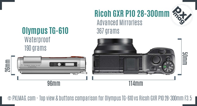 Olympus TG-610 vs Ricoh GXR P10 28-300mm F3.5-5.6 VC top view buttons comparison