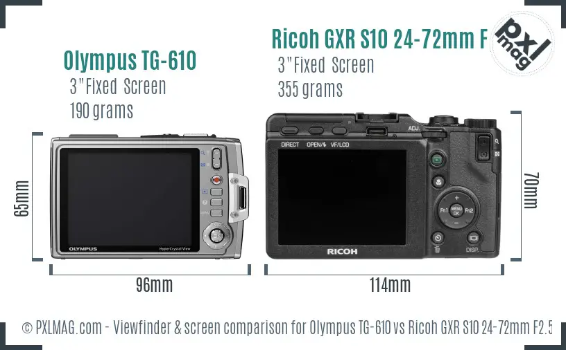 Olympus TG-610 vs Ricoh GXR S10 24-72mm F2.5-4.4 VC Screen and Viewfinder comparison