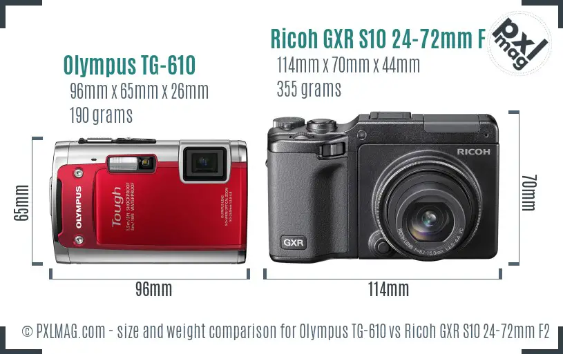 Olympus TG-610 vs Ricoh GXR S10 24-72mm F2.5-4.4 VC size comparison