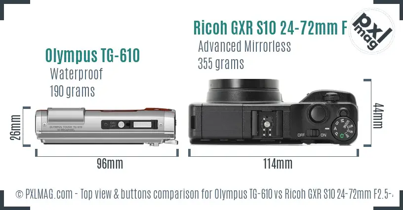 Olympus TG-610 vs Ricoh GXR S10 24-72mm F2.5-4.4 VC top view buttons comparison