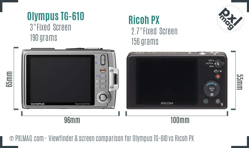 Olympus TG-610 vs Ricoh PX Screen and Viewfinder comparison