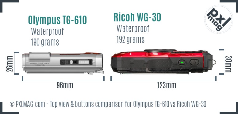 Olympus TG-610 vs Ricoh WG-30 top view buttons comparison