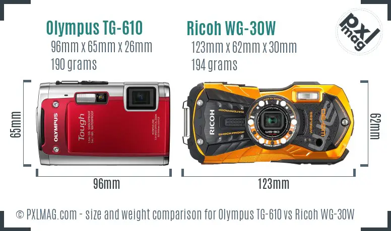 Olympus TG-610 vs Ricoh WG-30W size comparison