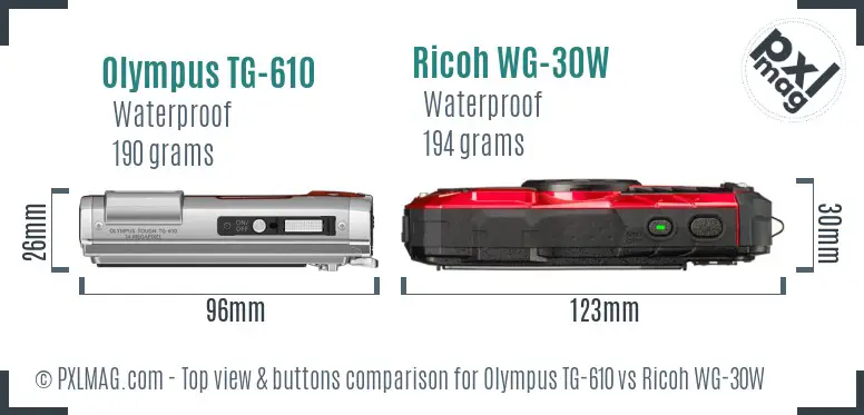 Olympus TG-610 vs Ricoh WG-30W top view buttons comparison