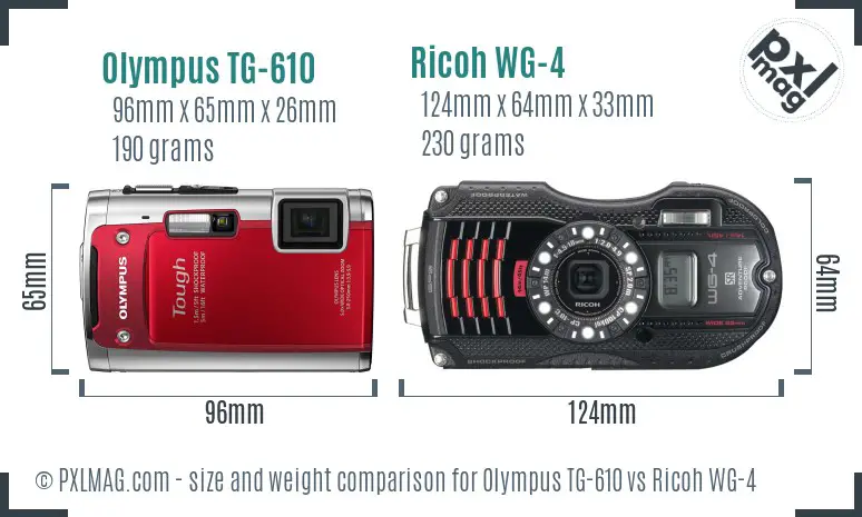 Olympus TG-610 vs Ricoh WG-4 size comparison