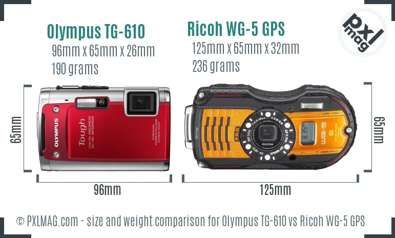 Olympus TG-610 vs Ricoh WG-5 GPS size comparison