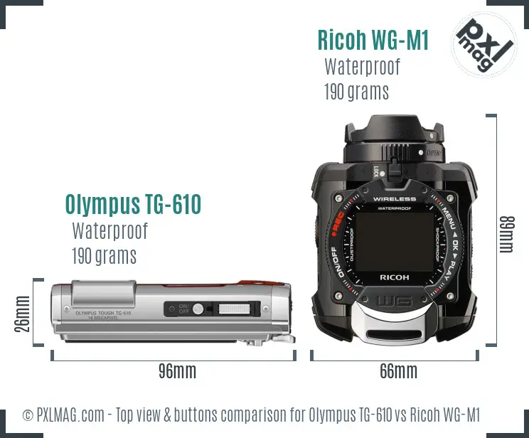 Olympus TG-610 vs Ricoh WG-M1 top view buttons comparison
