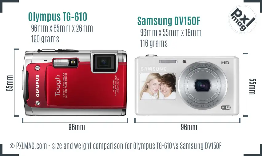 Olympus TG-610 vs Samsung DV150F size comparison