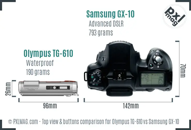 Olympus TG-610 vs Samsung GX-10 top view buttons comparison