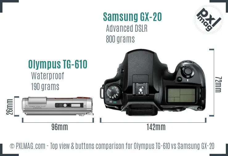 Olympus TG-610 vs Samsung GX-20 top view buttons comparison
