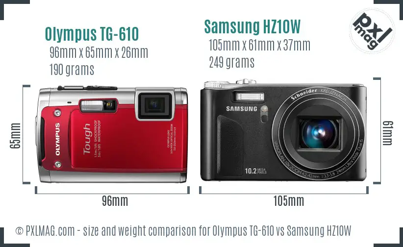 Olympus TG-610 vs Samsung HZ10W size comparison