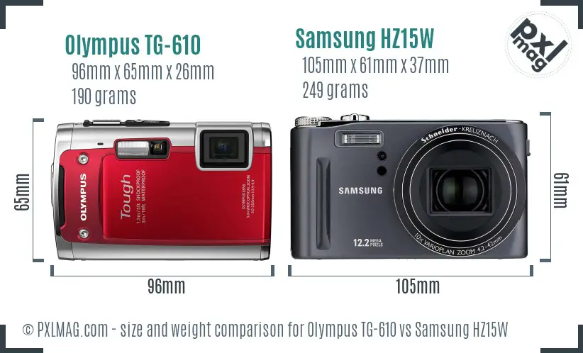 Olympus TG-610 vs Samsung HZ15W size comparison