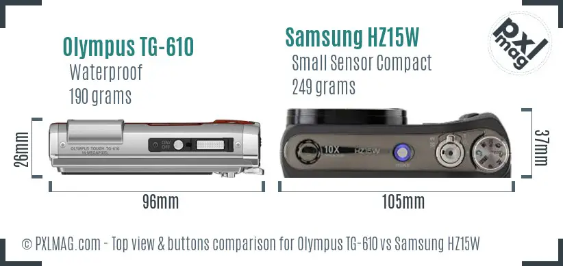 Olympus TG-610 vs Samsung HZ15W top view buttons comparison