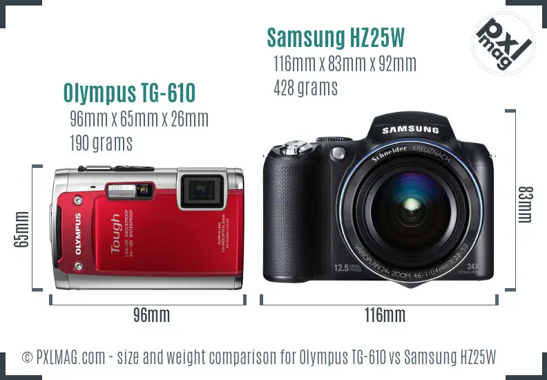 Olympus TG-610 vs Samsung HZ25W size comparison