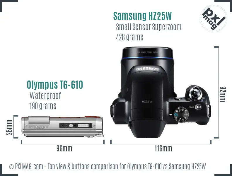 Olympus TG-610 vs Samsung HZ25W top view buttons comparison