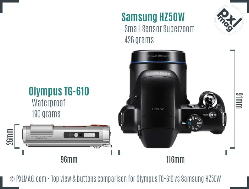 Olympus TG-610 vs Samsung HZ50W top view buttons comparison