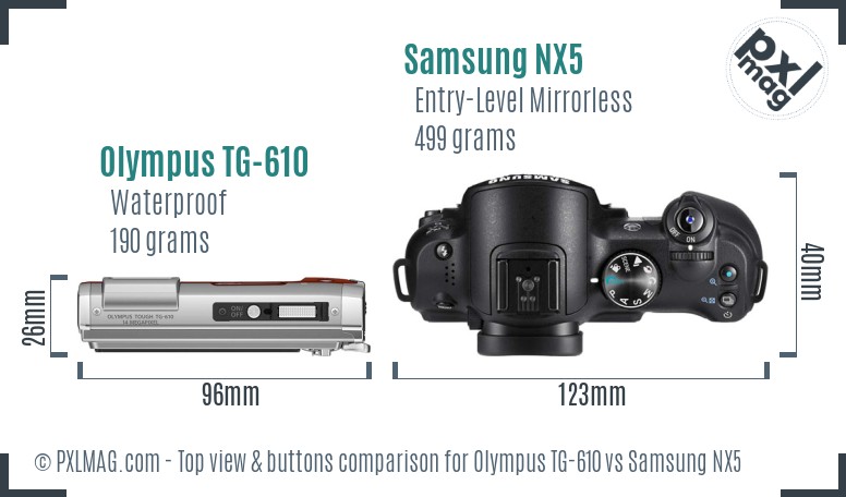 Olympus TG-610 vs Samsung NX5 top view buttons comparison