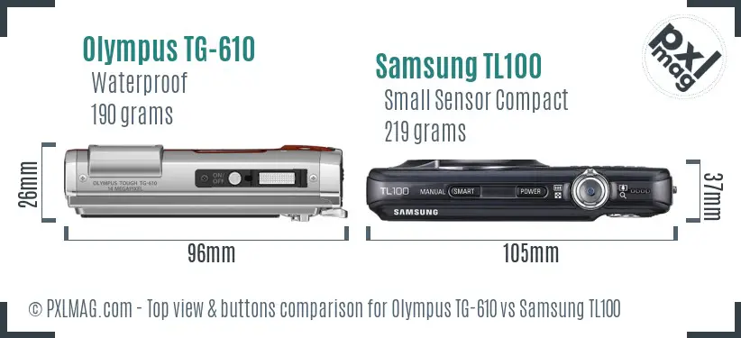 Olympus TG-610 vs Samsung TL100 top view buttons comparison Olympus TG-610 vs Samsung TL100 top view buttons comparison