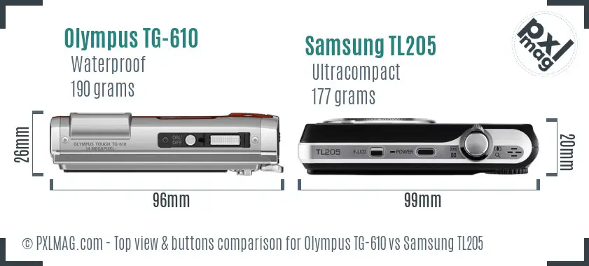 Olympus TG-610 vs Samsung TL205 top view buttons comparison Olympus TG-610 vs Samsung TL205 top view buttons comparison