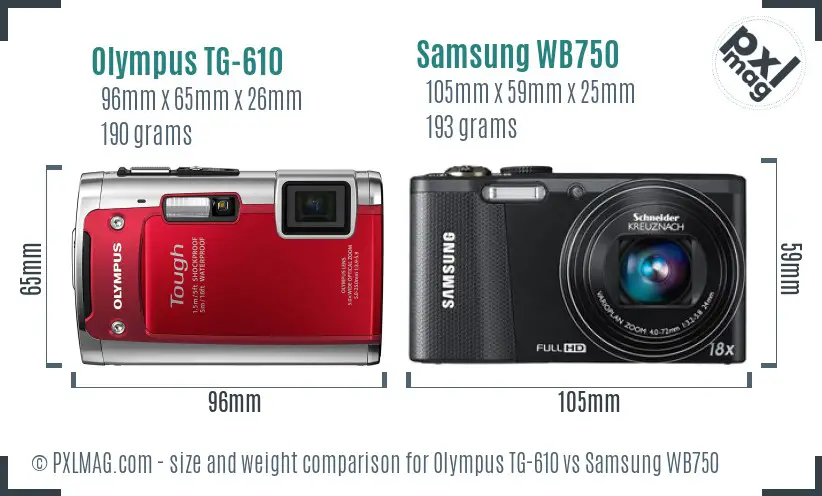 Olympus TG-610 vs Samsung WB750 size comparison