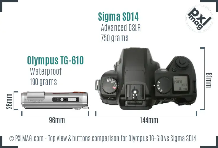 Olympus TG-610 vs Sigma SD14 top view buttons comparison