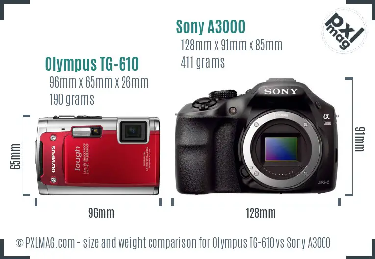 Olympus TG-610 vs Sony A3000 size comparison