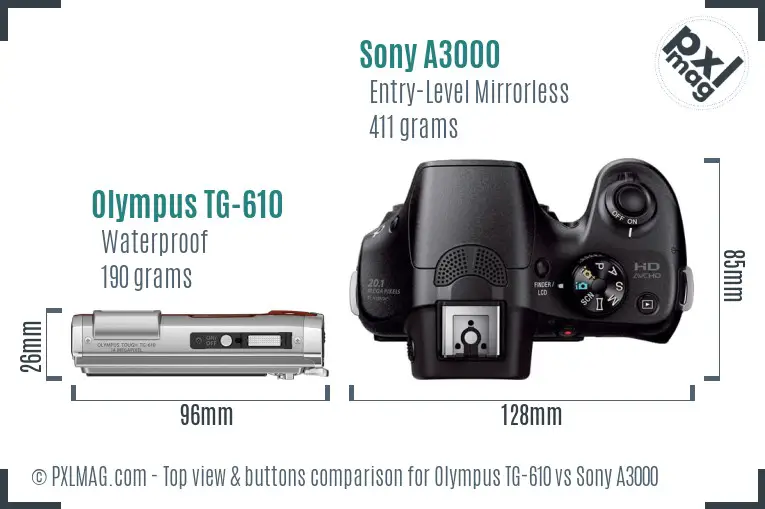 Olympus TG-610 vs Sony A3000 top view buttons comparison