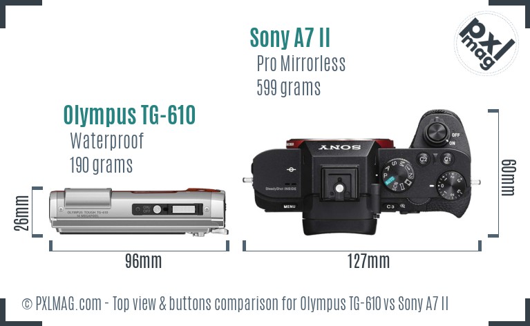 Olympus TG-610 vs Sony A7 II top view buttons comparison