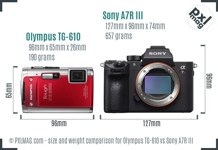 Olympus TG-610 vs Sony A7R III size comparison