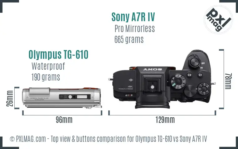 Olympus TG-610 vs Sony A7R IV top view buttons comparison