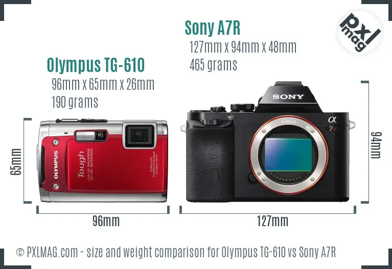 Olympus TG-610 vs Sony A7R size comparison Olympus TG-610 vs Sony A7R size comparison