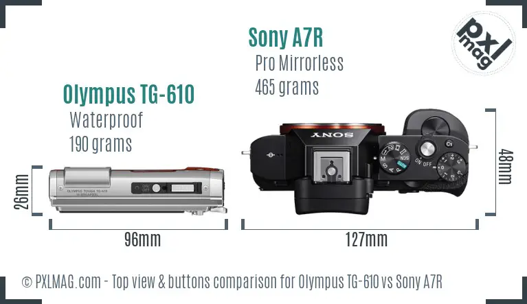 Olympus TG-610 vs Sony A7R top view buttons comparison Olympus TG-610 vs Sony A7R top view buttons comparison