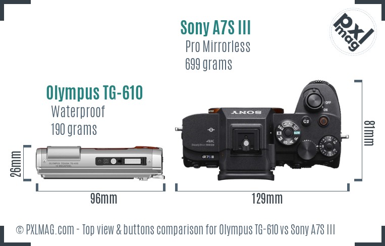 Olympus TG-610 vs Sony A7S III top view buttons comparison