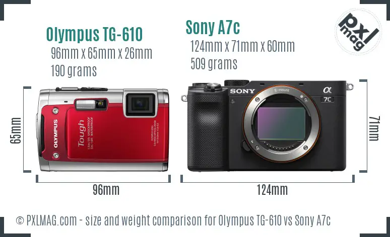 Olympus TG-610 vs Sony A7c size comparison