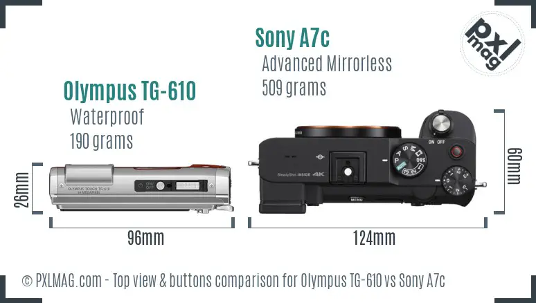 Olympus TG-610 vs Sony A7c top view buttons comparison
