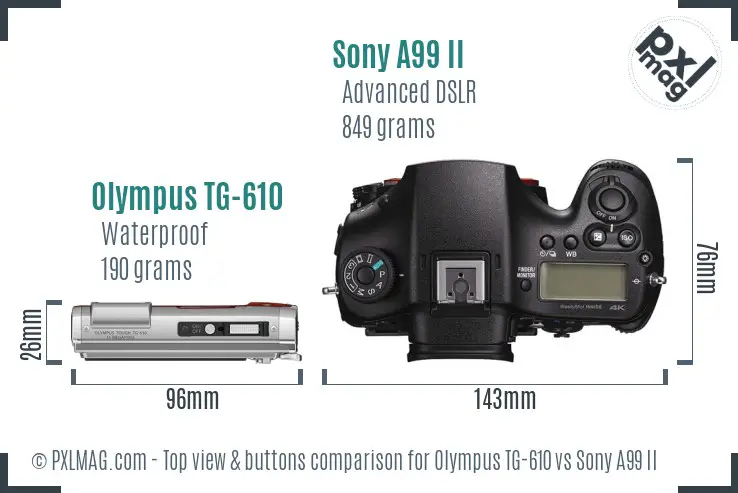 Olympus TG-610 vs Sony A99 II top view buttons comparison