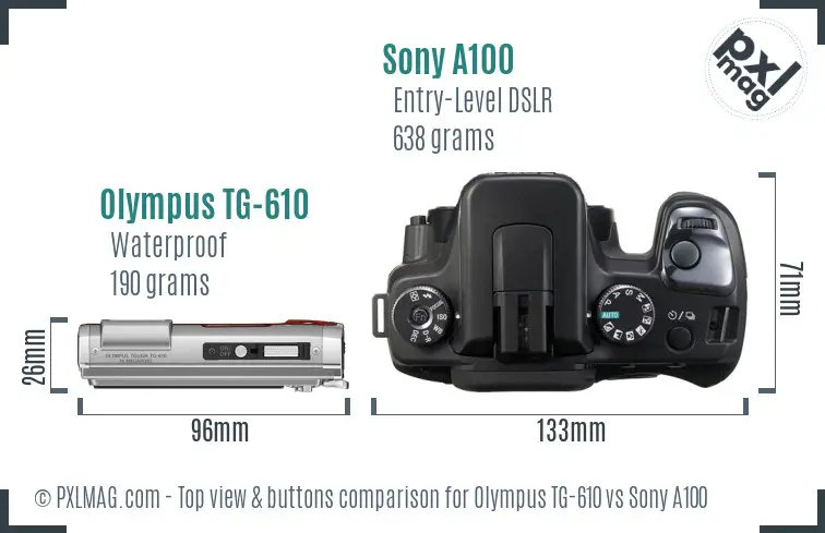 Olympus TG-610 vs Sony A100 top view buttons comparison