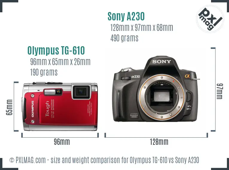 Olympus TG-610 vs Sony A230 size comparison
