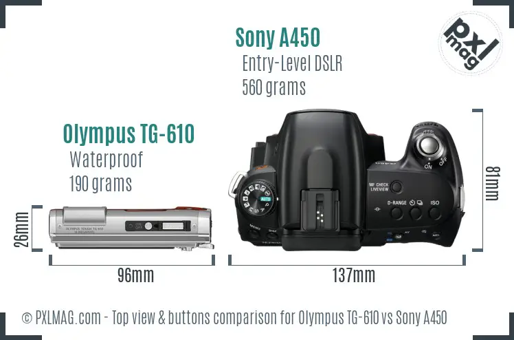 Olympus TG-610 vs Sony A450 top view buttons comparison