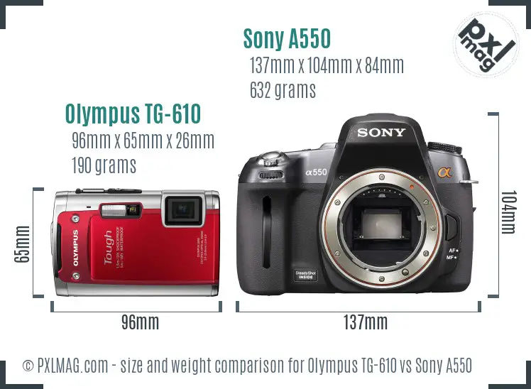 Olympus TG-610 vs Sony A550 size comparison