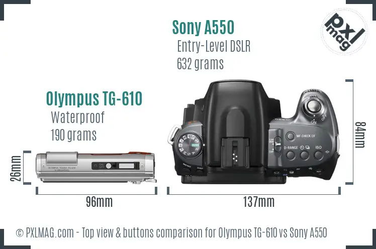Olympus TG-610 vs Sony A550 top view buttons comparison