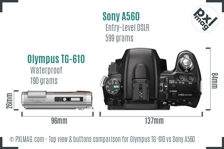 Olympus TG-610 vs Sony A560 top view buttons comparison
