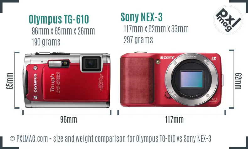 Olympus TG-610 vs Sony NEX-3 size comparison
