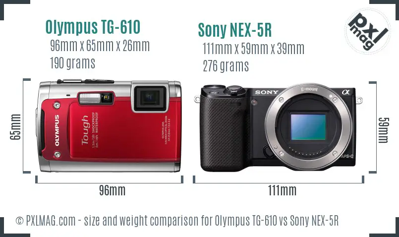 Olympus TG-610 vs Sony NEX-5R size comparison