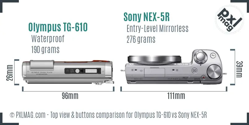Olympus TG-610 vs Sony NEX-5R top view buttons comparison