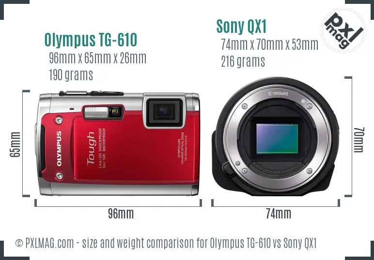 Olympus TG-610 vs Sony QX1 size comparison