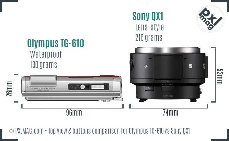 Olympus TG-610 vs Sony QX1 top view buttons comparison