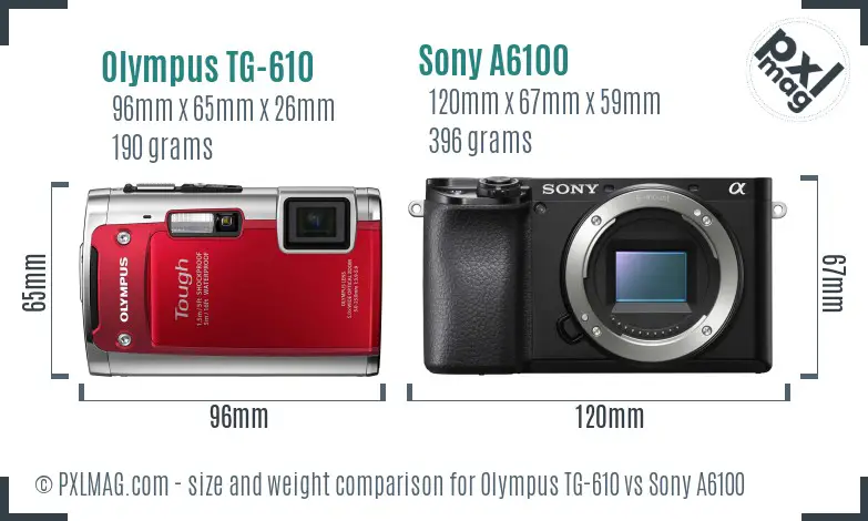 Olympus TG-610 vs Sony A6100 size comparison