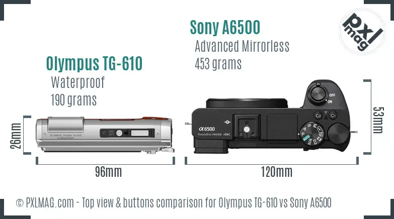 Olympus TG-610 vs Sony A6500 top view buttons comparison